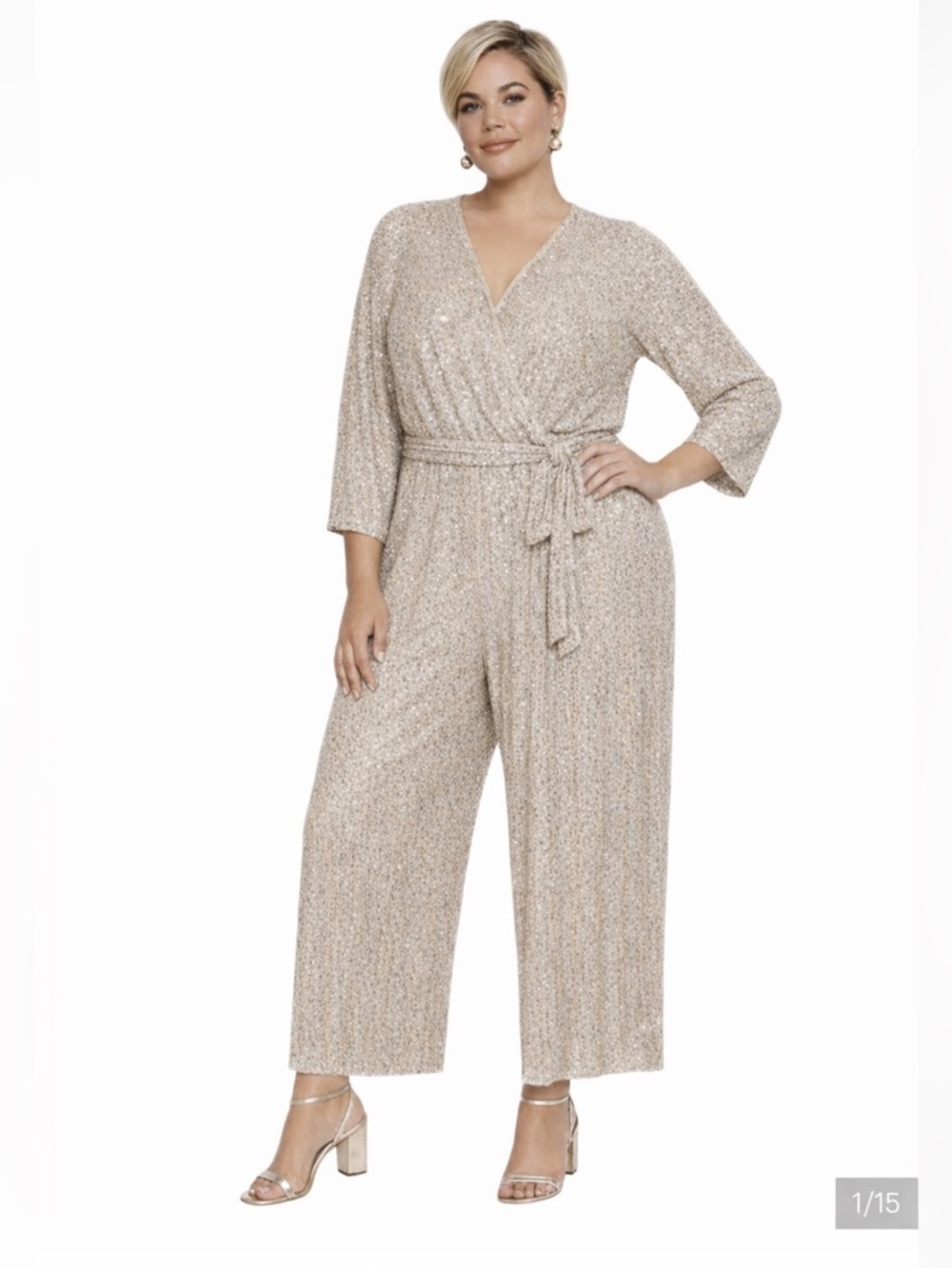 Eliza J Full Sequin Wide Leg Beige Mother of Bride Wedding Guest Jumpsuit 18W
